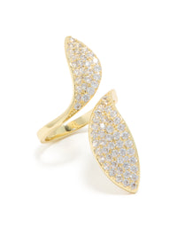 Gold Plated Cubic Zirconia Large Shiny Double Leaf Ring - link has visual effect only