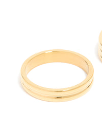 Displaying waterproof gold plated stainless steel simple band stacking rings in a 2-pack with side grooves close up view - link has visual effect only