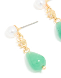Gold Plated Mini Jade Semi Precious Stone & Cubic Zirconia Drop Earrings - link has visual effect only