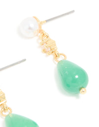 Gold Plated Mini Jade Semi Precious Stone & Cubic Zirconia Drop Earrings - link has visual effect only