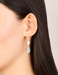 Gold Green Jade Semi Precious Stone Freshwater Pearl Cubic Zirconia Drop Earrings - link has visual effect only