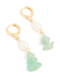 Gold Green Jade Semi Precious Stone Freshwater Pearl Cubic Zirconia Drop Earrings - link has visual effect only