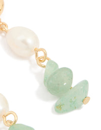 Gold Green Jade Semi Precious Stone Freshwater Pearl Cubic Zirconia Drop Earrings - link has visual effect only