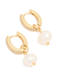 Gold Pavé Cubic Zirconia & Freshwater Pearl Huggie Drop Earrings - link has visual effect only