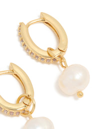 Gold Pavé Cubic Zirconia & Freshwater Pearl Huggie Drop Earrings - link has visual effect only