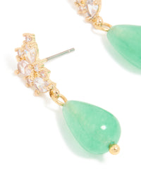 Gold Cubic Zirconia Green Jade Semi Precious Stone Beaded Drop Earrings - link has visual effect only