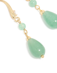 Gold Jade Green Semi Precious Stone Oval Long Drop Hoop Earrings - link has visual effect only