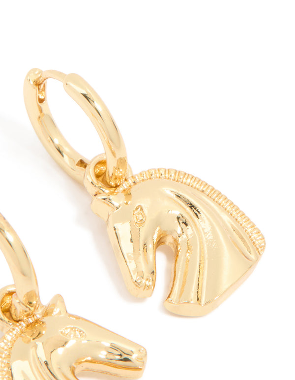 Gold Horse Huggie Drop Earrings