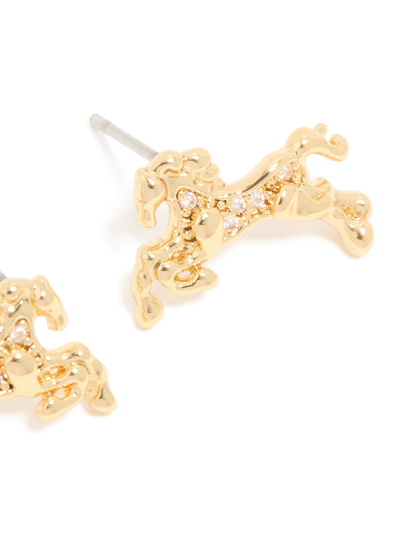 Gold Cubic Zirconia Jumping Horse Stud Earrings