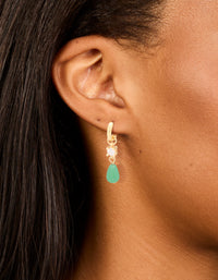 Gold Green Jade Semi Precious Stone & Cubic Zirconia Earrings 2- Pack - link has visual effect only