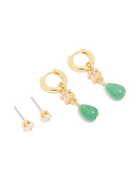 Gold Green Jade Semi Precious Stone & Cubic Zirconia Earrings 2- Pack - link has visual effect only