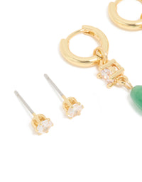 Gold Green Jade Semi Precious Stone & Cubic Zirconia Earrings 2- Pack - link has visual effect only