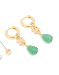 Gold Green Jade Semi Precious Stone & Cubic Zirconia Earrings 2- Pack - link has visual effect only