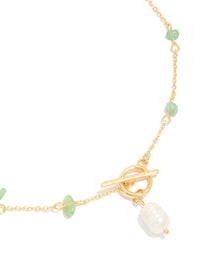 Gold Green Jade Semi Precious Stone Chip & Freshwater Pearl Drop Necklace - link has visual effect only