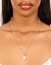 Gold Green Jade Semi Precious Stone Chip & Freshwater Pearl Drop Necklace - link has visual effect only