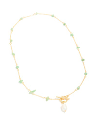 Gold Green Jade Semi Precious Stone Chip & Freshwater Pearl Drop Necklace - link has visual effect only