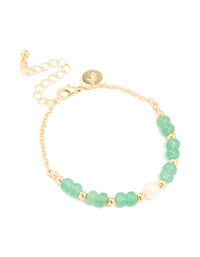 Gold Jade Semi Precious Stone & Freshwater Pearl Beaded Bracelet - link has visual effect only