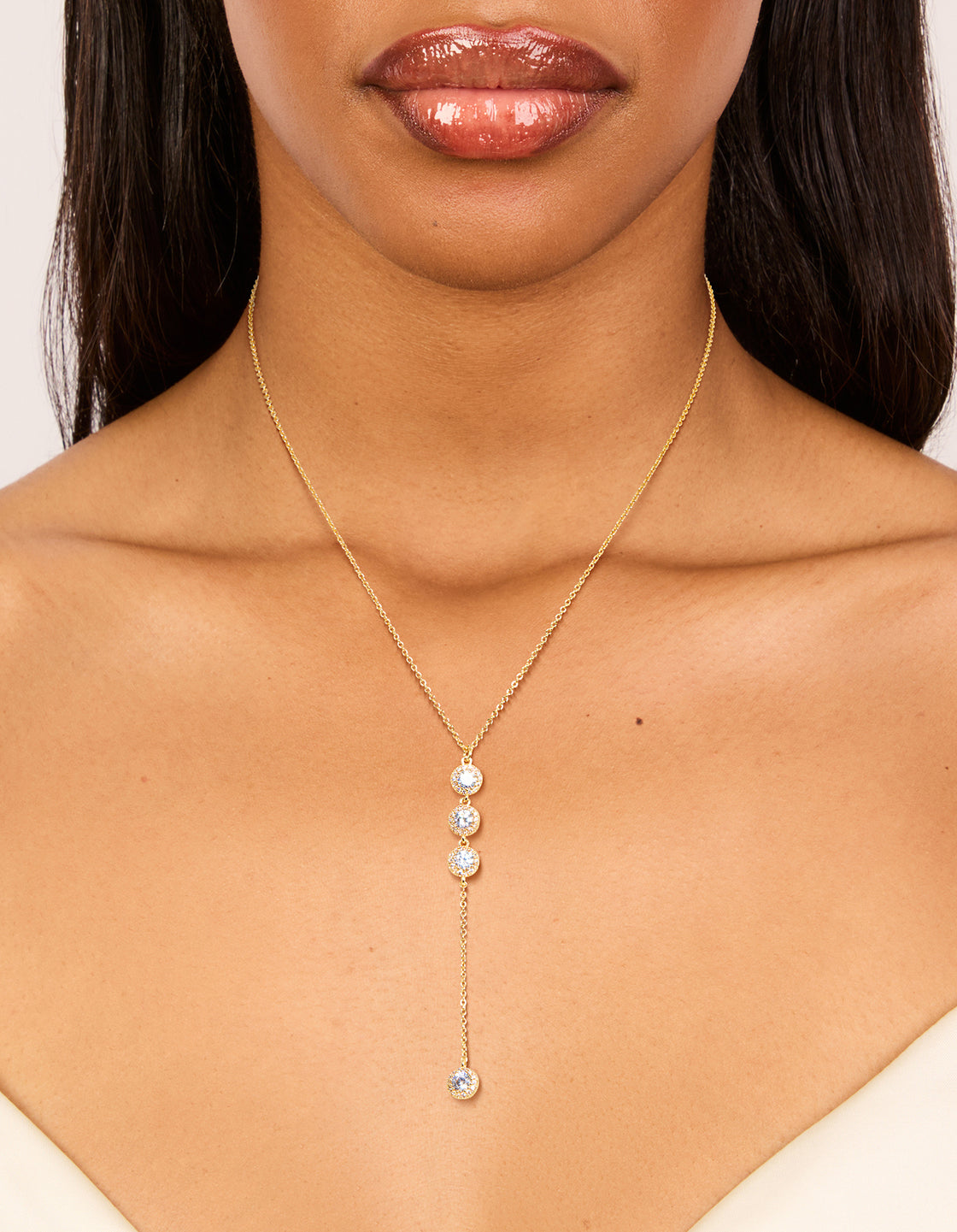 Gold Plated Cubic Zirconia Halo Round Triple Drop Necklace