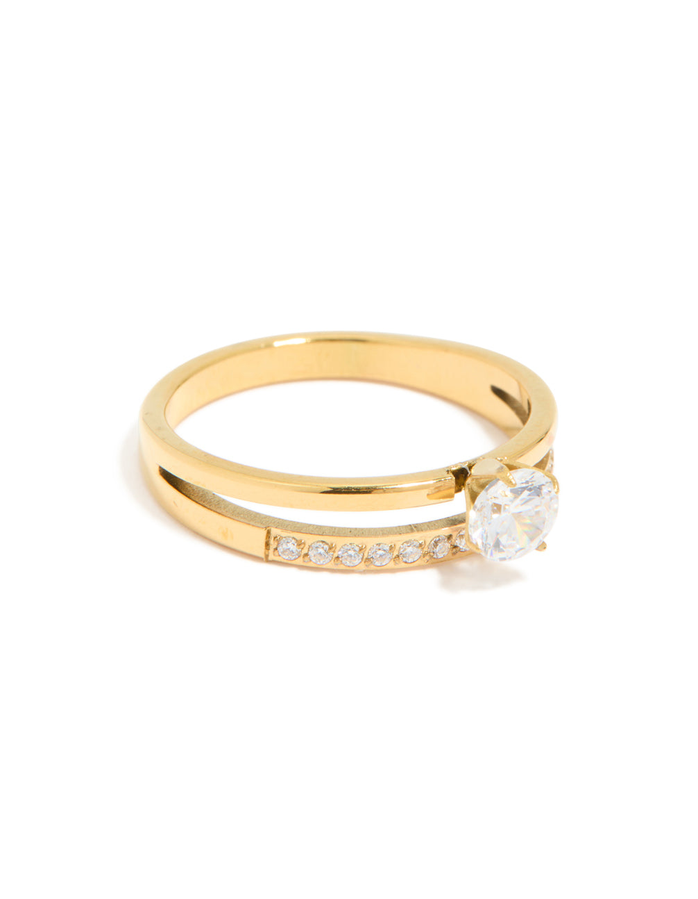 Crafted from waterproof gold plated stainless steel, this dainty double layered ring with cubic zirconia front view