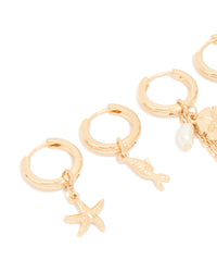 Gold Mixed Chain & Beaded Sea Motif Huggie Earrings 3-Pack - link has visual effect only