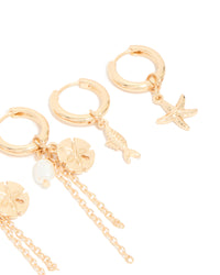 Gold Mixed Chain & Beaded Sea Motif Huggie Earrings 3-Pack - link has visual effect only