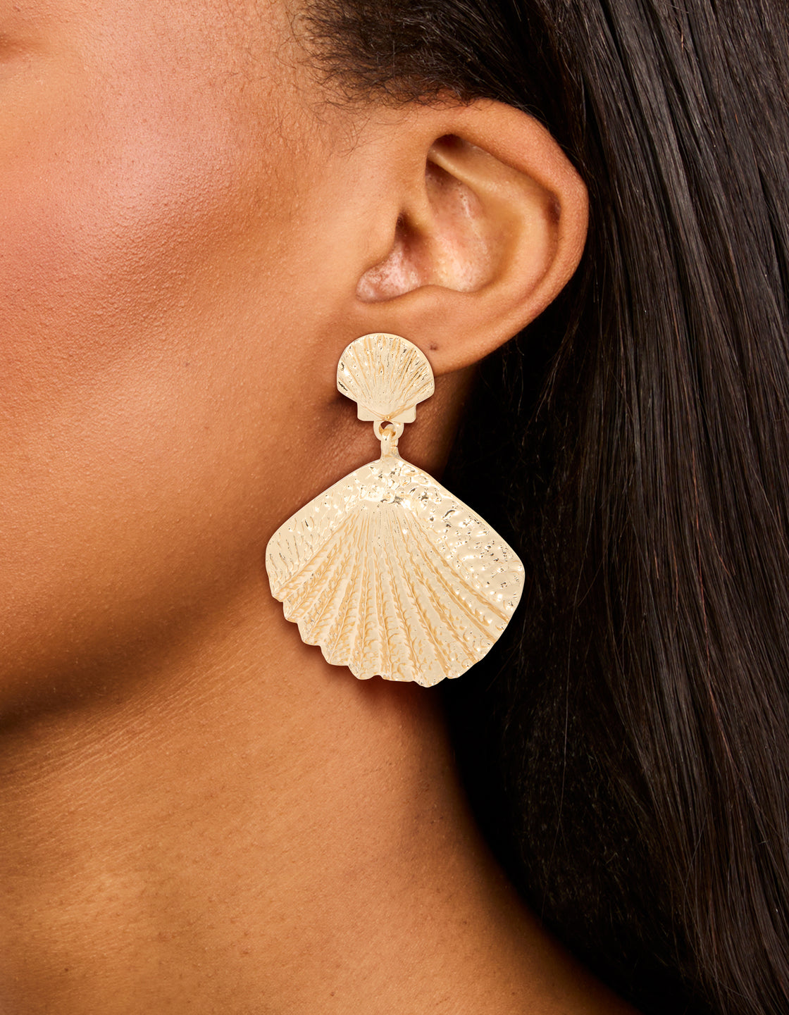 Gold Double Clam Shell Drop Earrings