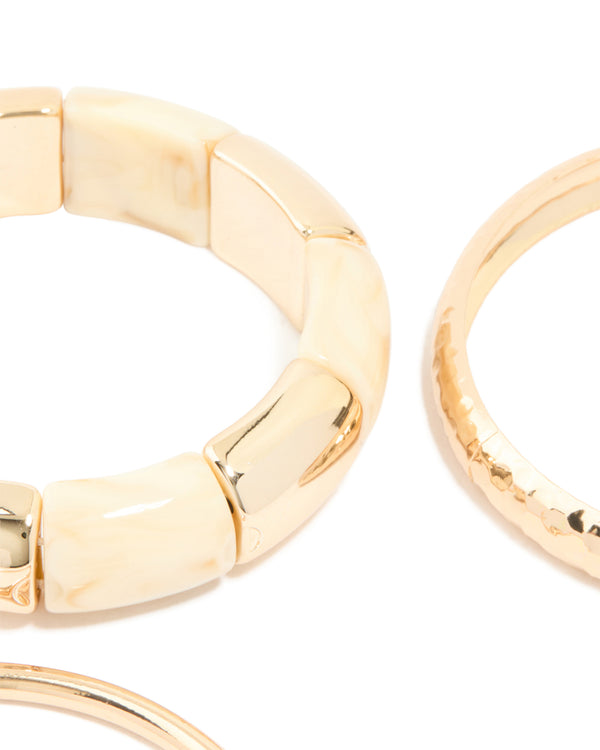 Gold Cream Acrylic Stretch Bracelet & Gold Bangles 3-Pack