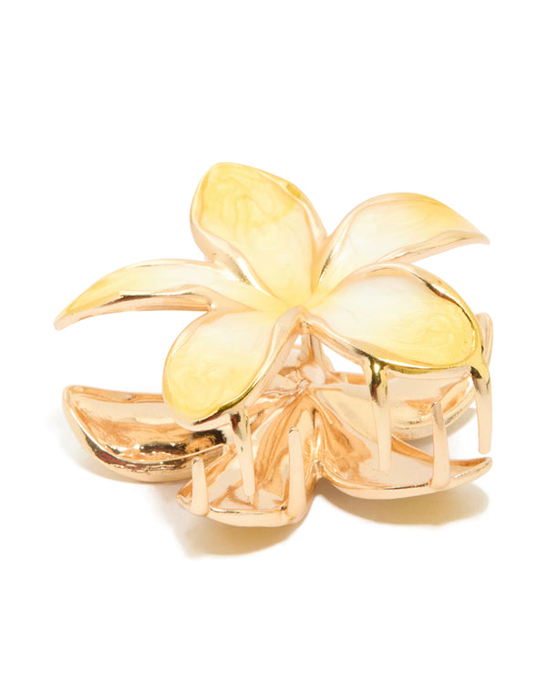 Gold Yellow Enamel Frangipani Flower Hair Claw Clip