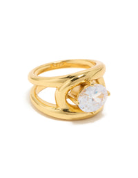 Crafted from waterproof gold plated stainless steel with cubic zirconia and fancy split band design front view - link has visual effect only