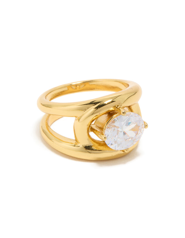 Crafted from waterproof gold plated stainless steel with cubic zirconia and fancy split band design front view