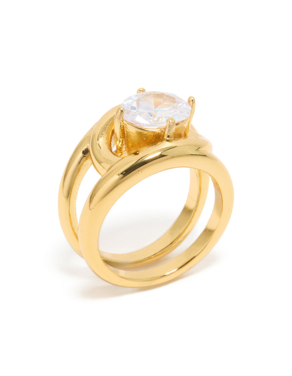 Highlighting waterproof gold plated stainless steel fancy cubic zirconia split band ring side detail view