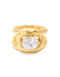 Featuring waterproof gold plated stainless steel with cubic zirconia in a fancy split band ring close up view - link has visual effect only