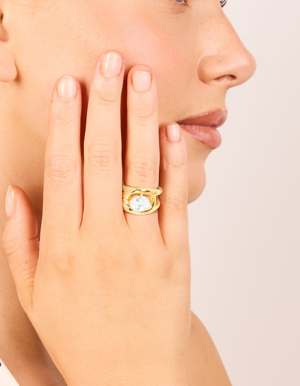 Showcasing a waterproof gold plated stainless steel fancy cubic zirconia split band ring on finger view
