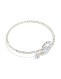 Discover a silver cubic zirconia open circle wrist cuff bracelet front view - link has visual effect only