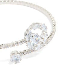Highlighting a silver cubic zirconia open circle wrist cuff bracelet close up view - link has visual effect only