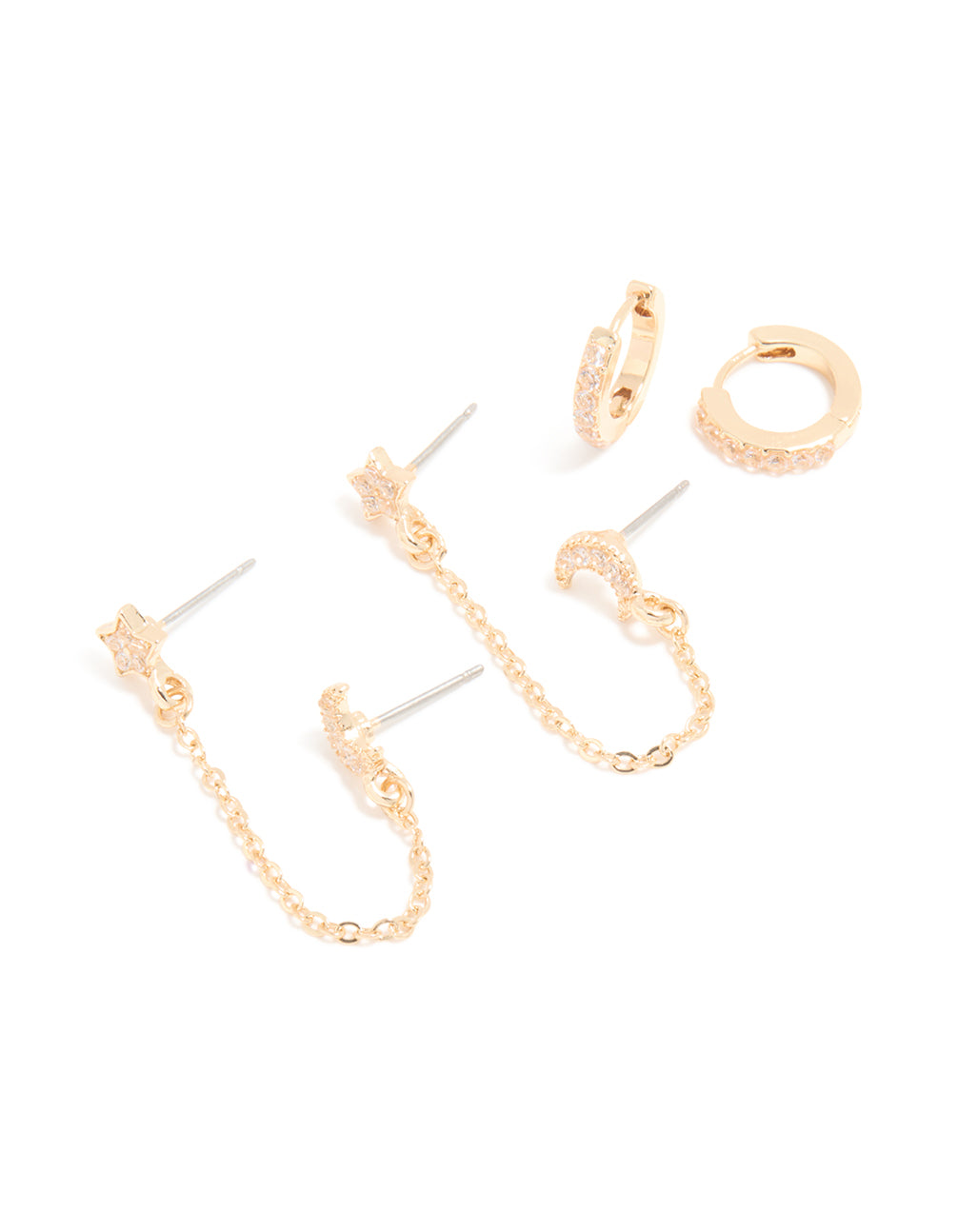 Gold Cubic Zirconia Celestial Chain Double & Huggie Earrings Pack