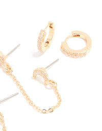 Gold Cubic Zirconia Celestial Chain Double & Huggie Earrings Pack - link has visual effect only