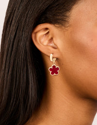 Gold Red Flower Drop Huggie Earrings - link has visual effect only