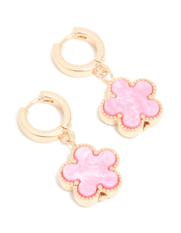 Gold Pink Flower Drop Huggie Earrings - link has visual effect only