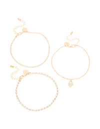 Gold Cubic Zirconia Tennis, Chain & Heart Anklets 3-Pack - link has visual effect only
