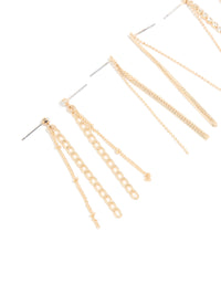 Gold Diamante Cup Chain Triple Row Long Drop Earrings 3-Pack - link has visual effect only