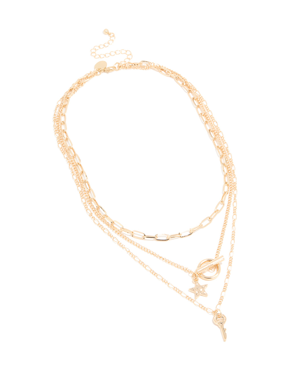 Gold Chain T Bar & Pendants Layered Necklace