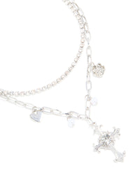 Silver Diamante & Pearl Cross Layered Necklace - link has visual effect only