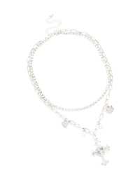 Silver Diamante & Pearl Cross Layered Necklace - link has visual effect only
