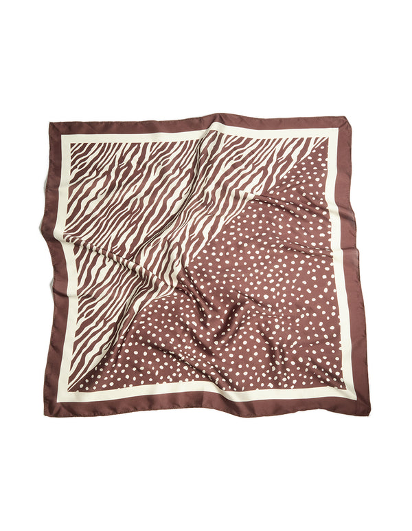 Discover a half spot and zebra fabric scarf in saddle brown and ivory front view