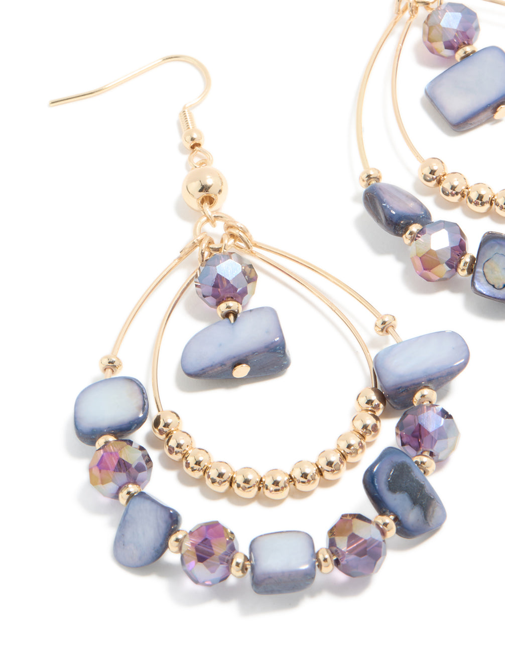 Gold Genuine Purple Shell & Beaded Double Teardrop Earrings