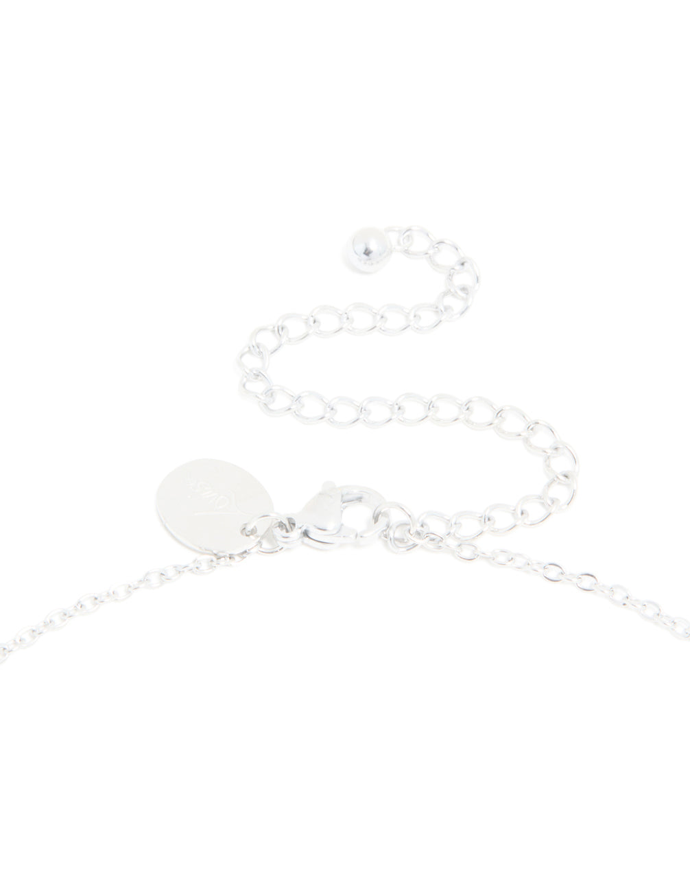 Highlighting a waterproof stainless steel mini bubble letter N necklace with initial pendant in silver clasp detail view