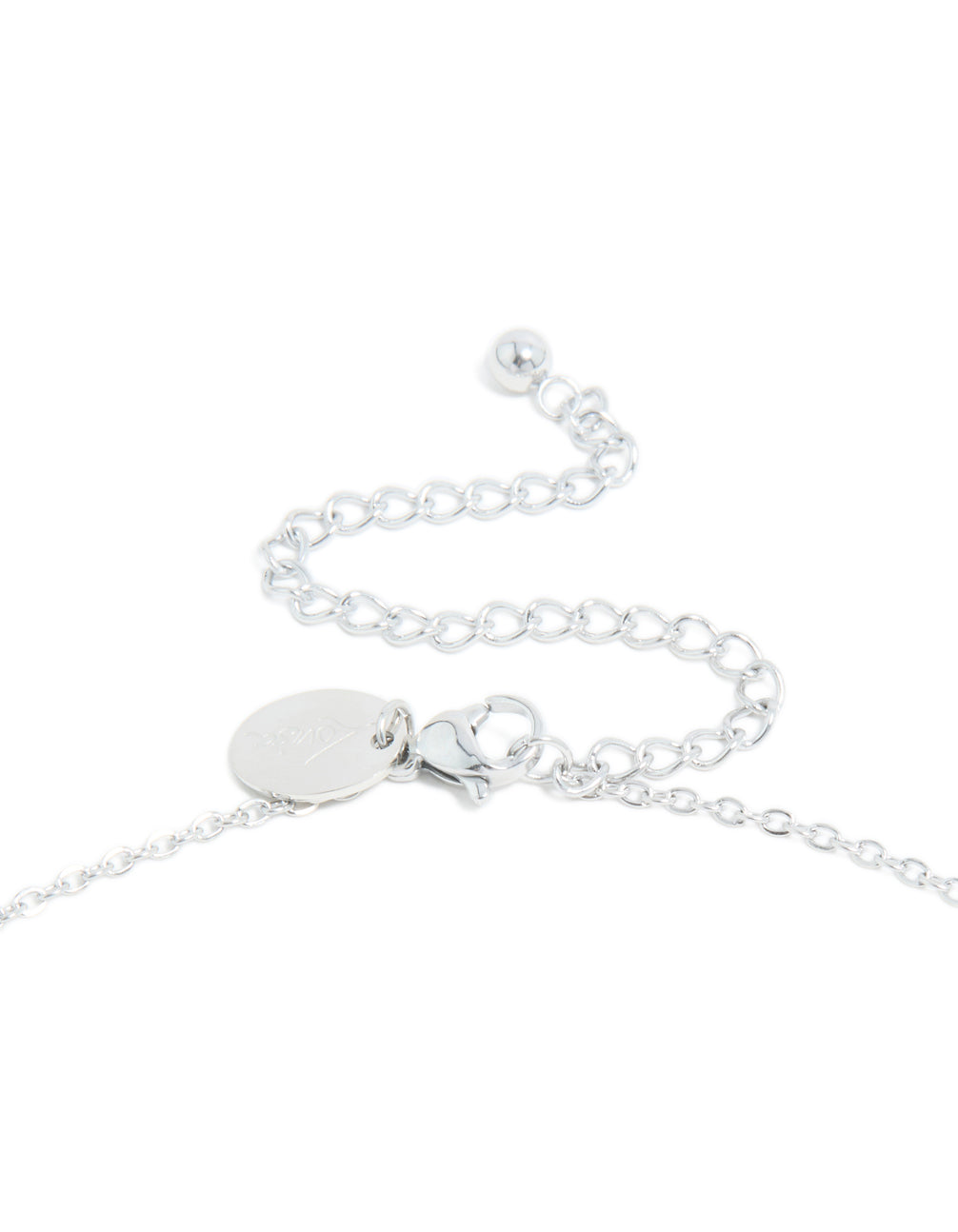 Explore this waterproof stainless steel mini bubble letter T necklace with initial pendant in silver clasp detail view