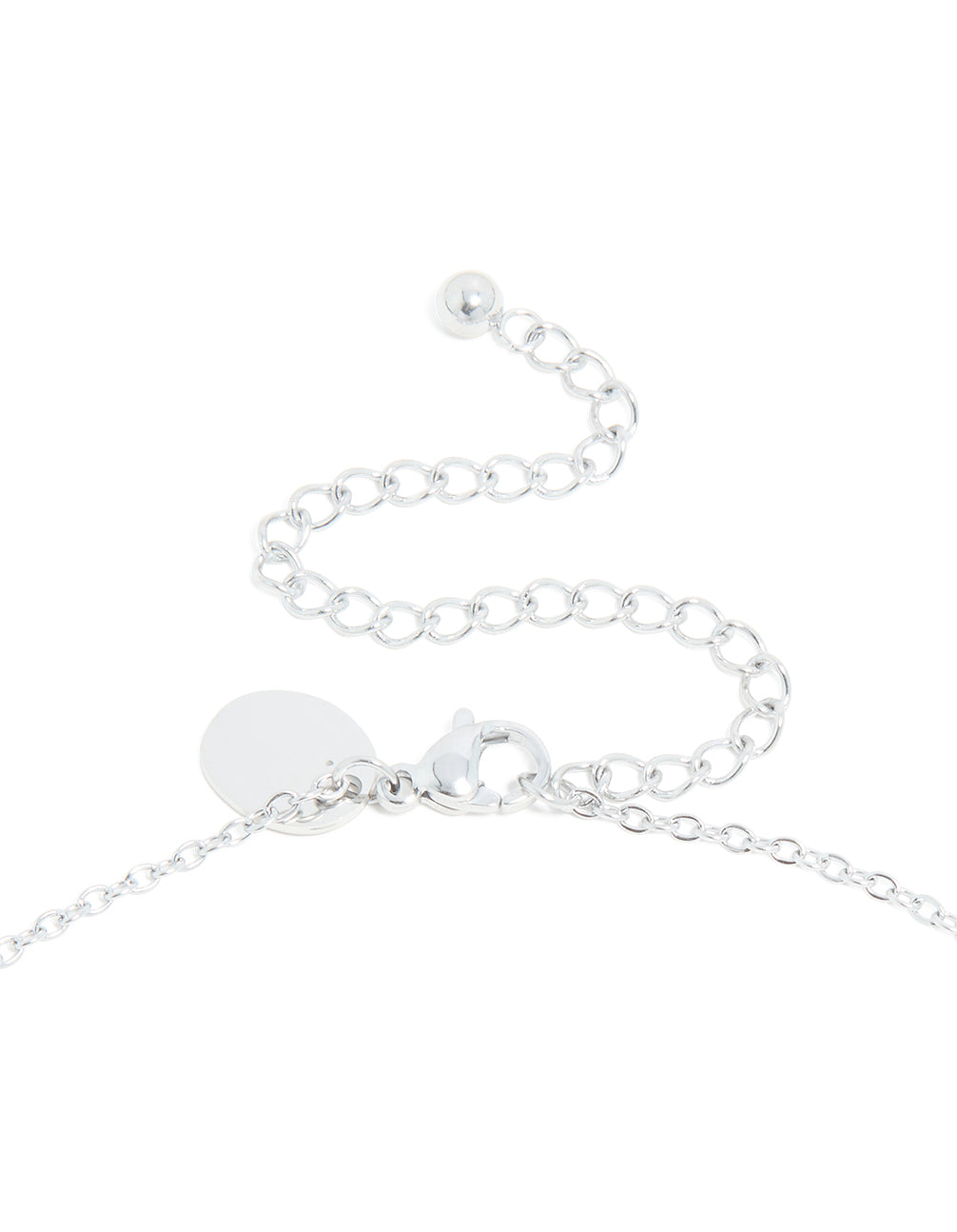 Designed with waterproof stainless steel, mini bubble letter D necklace featuring initial pendant in silver clasp detail view