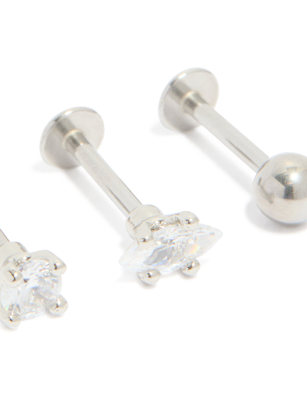 Surgical Steel Cubic Zirconia Marquise & Round Flat Back Studs 3-Pack